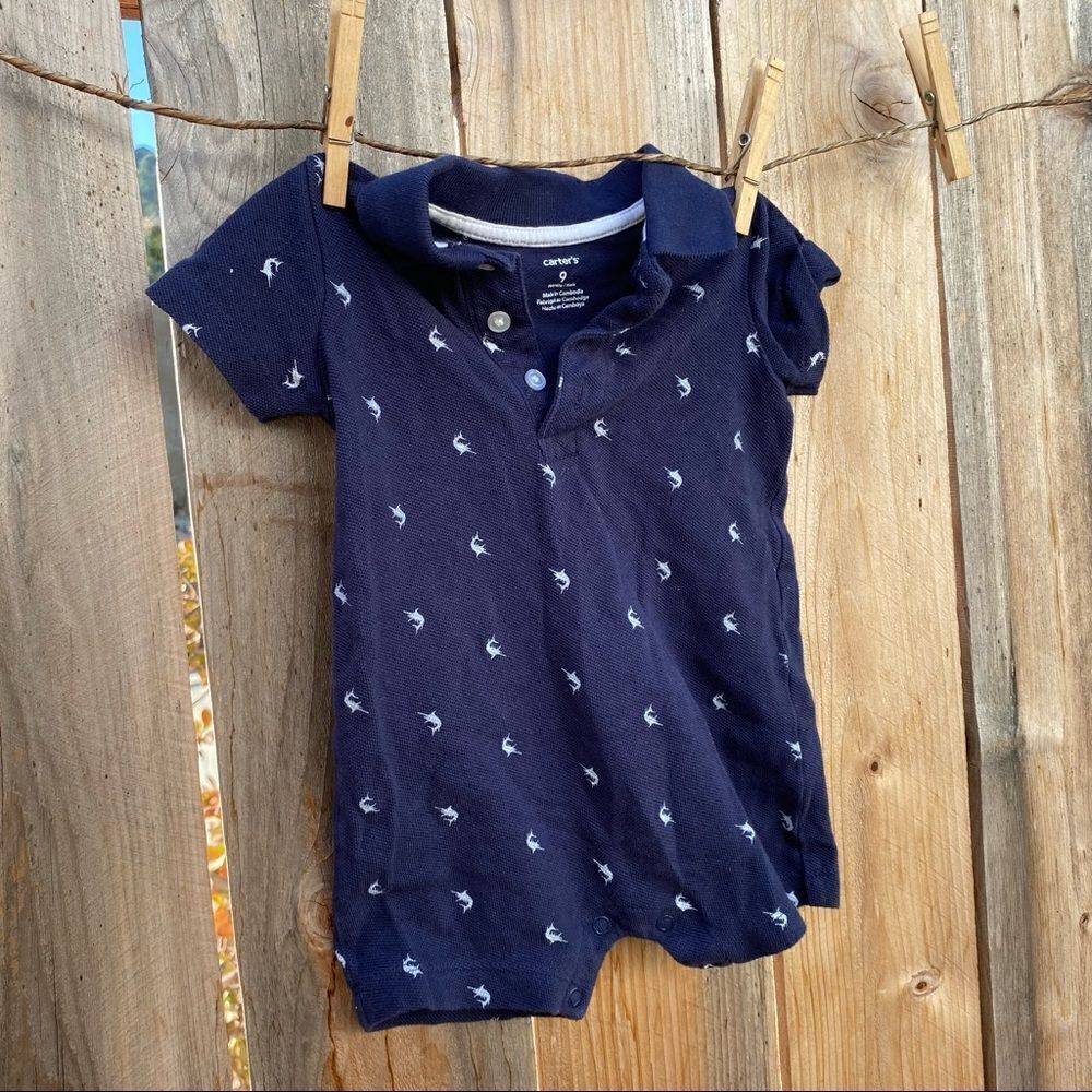 Carters Baby Boy Navy Blue Sword Fish Polo Romper 9 months
